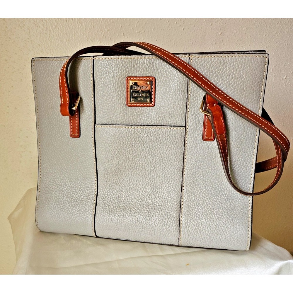 Dooney & Bourke Pebble Leather Tote – Subtle Grey w/ Brown Trim